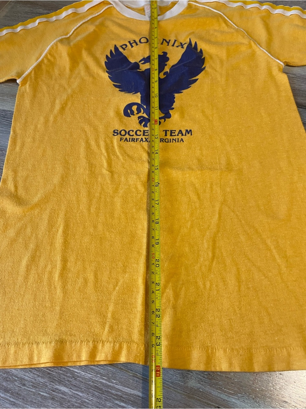 Vintage 70s Phoenix Soccer Team Fairfax Virginia yellow t-shirt blue phoenix XS - Picture 7 of 7
